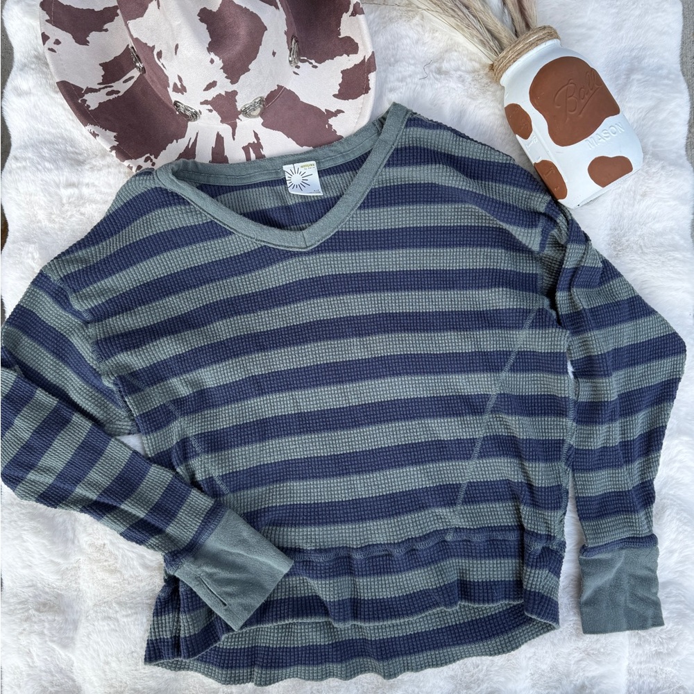 Aerie Green and Blue Striped Long Sleeve waffle top